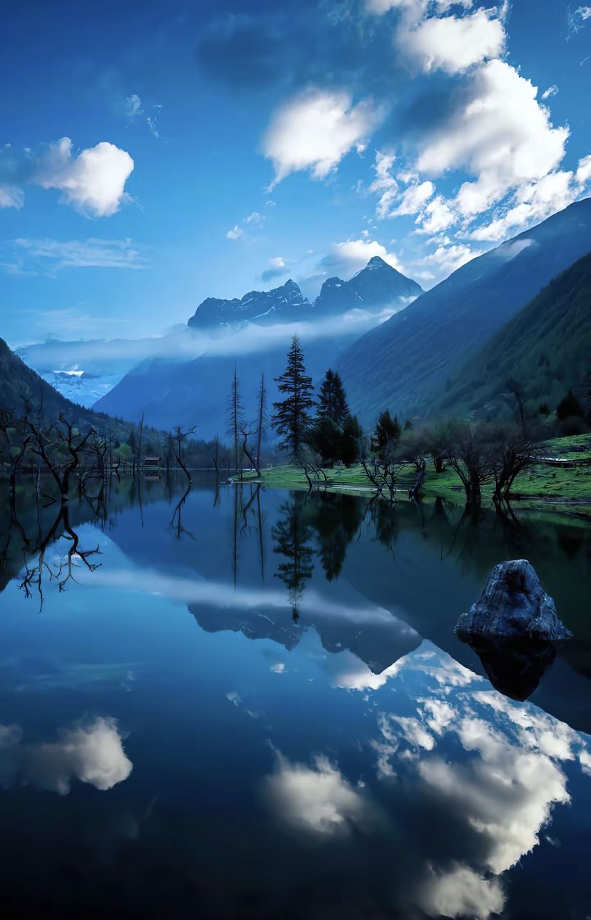 Mountain lake reflection at dusk in western Sichuan