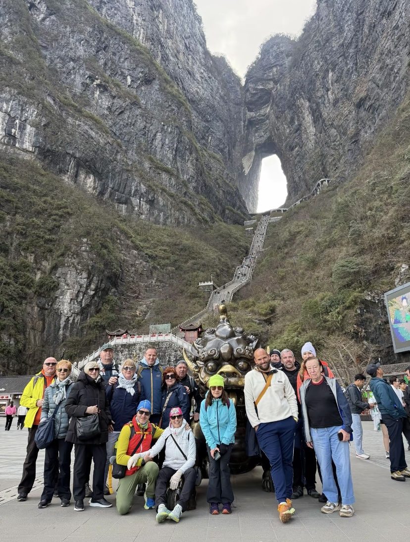 Tour group below the 999 steps to Tianmen Cave at Tianmen Mountain