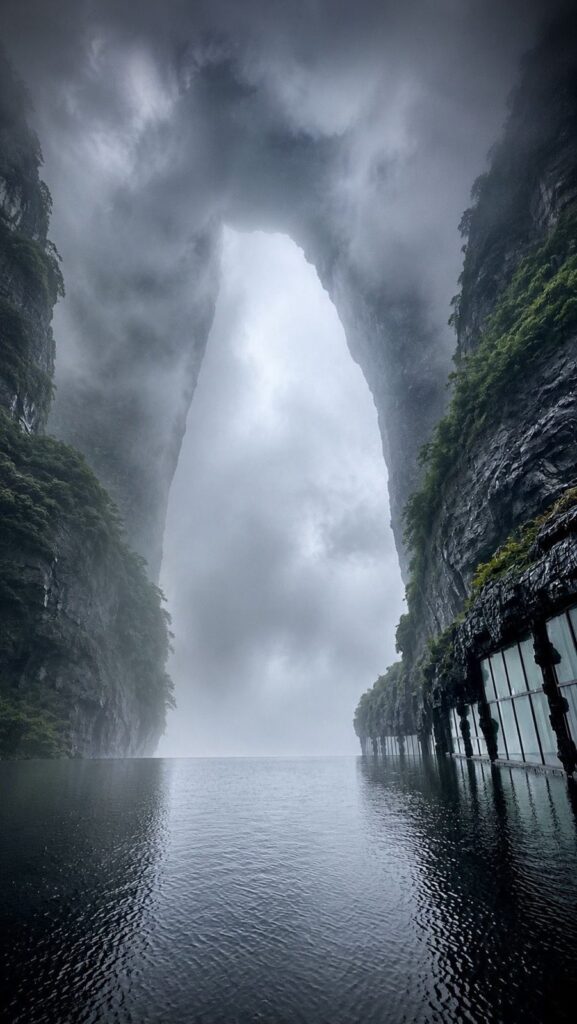 Tianmen Cave filled with cloud, seen from the walkway above the arch