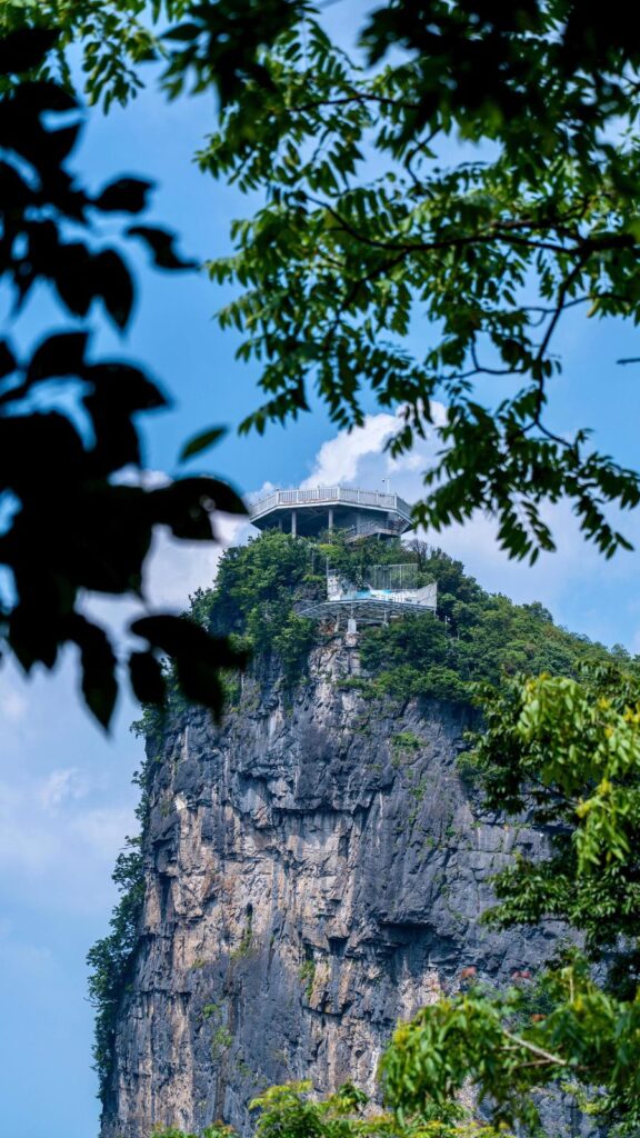 Viewing platform perched on a sheer limestone peak at the summit of Tianmen Mountain