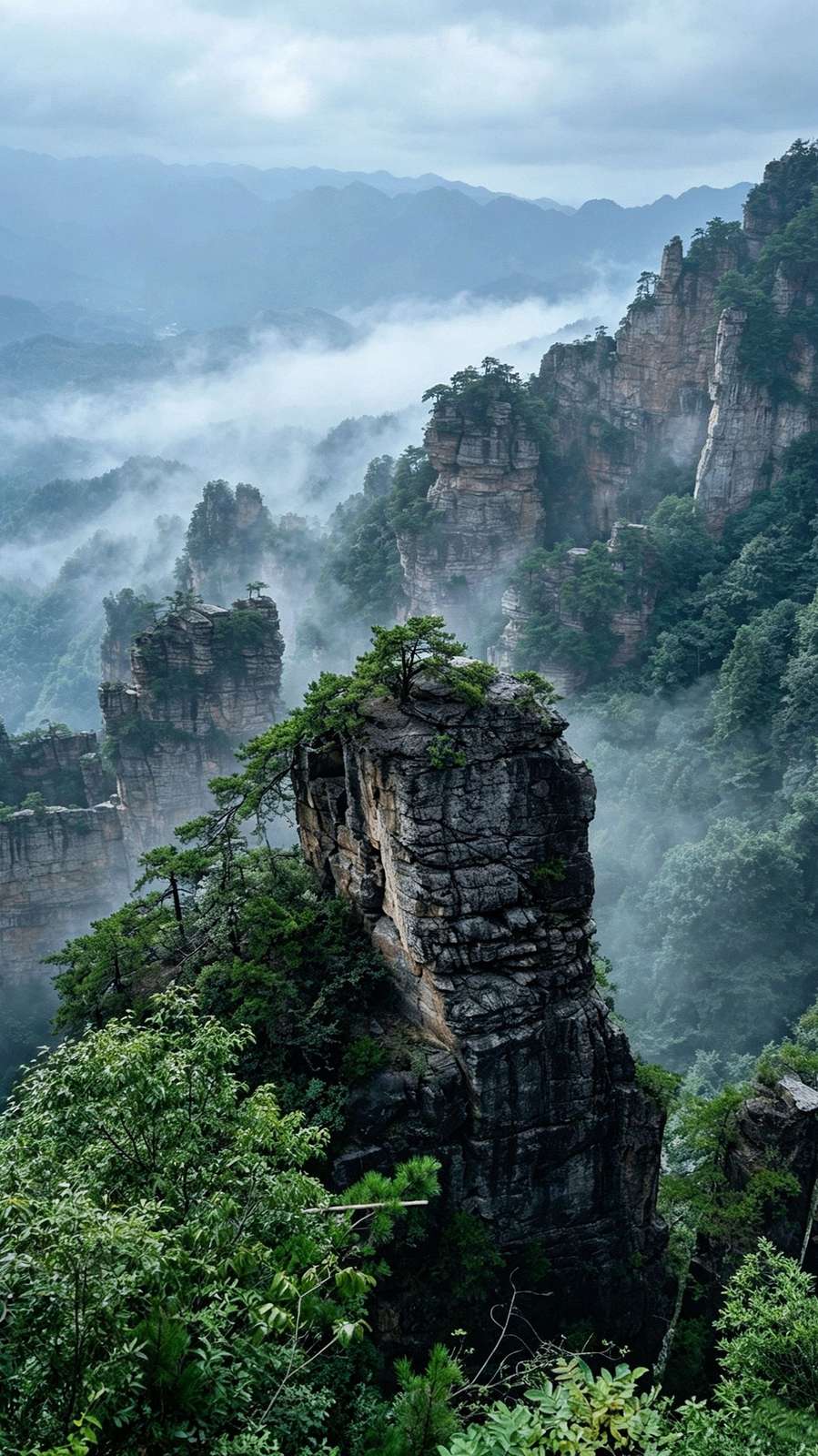 Single sandstone pillar topped with pines, misty peaks behind, Wulingyuan, Zhangjiajie