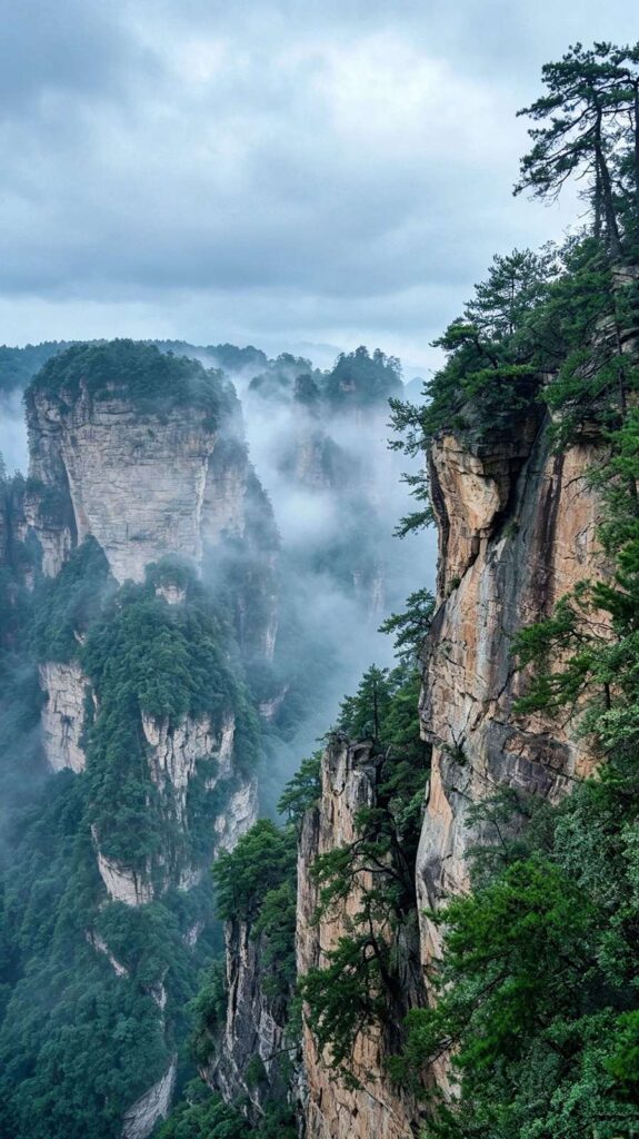 Misty sandstone pillars of Wulingyuan seen from above, Zhangjiajie National Forest Park