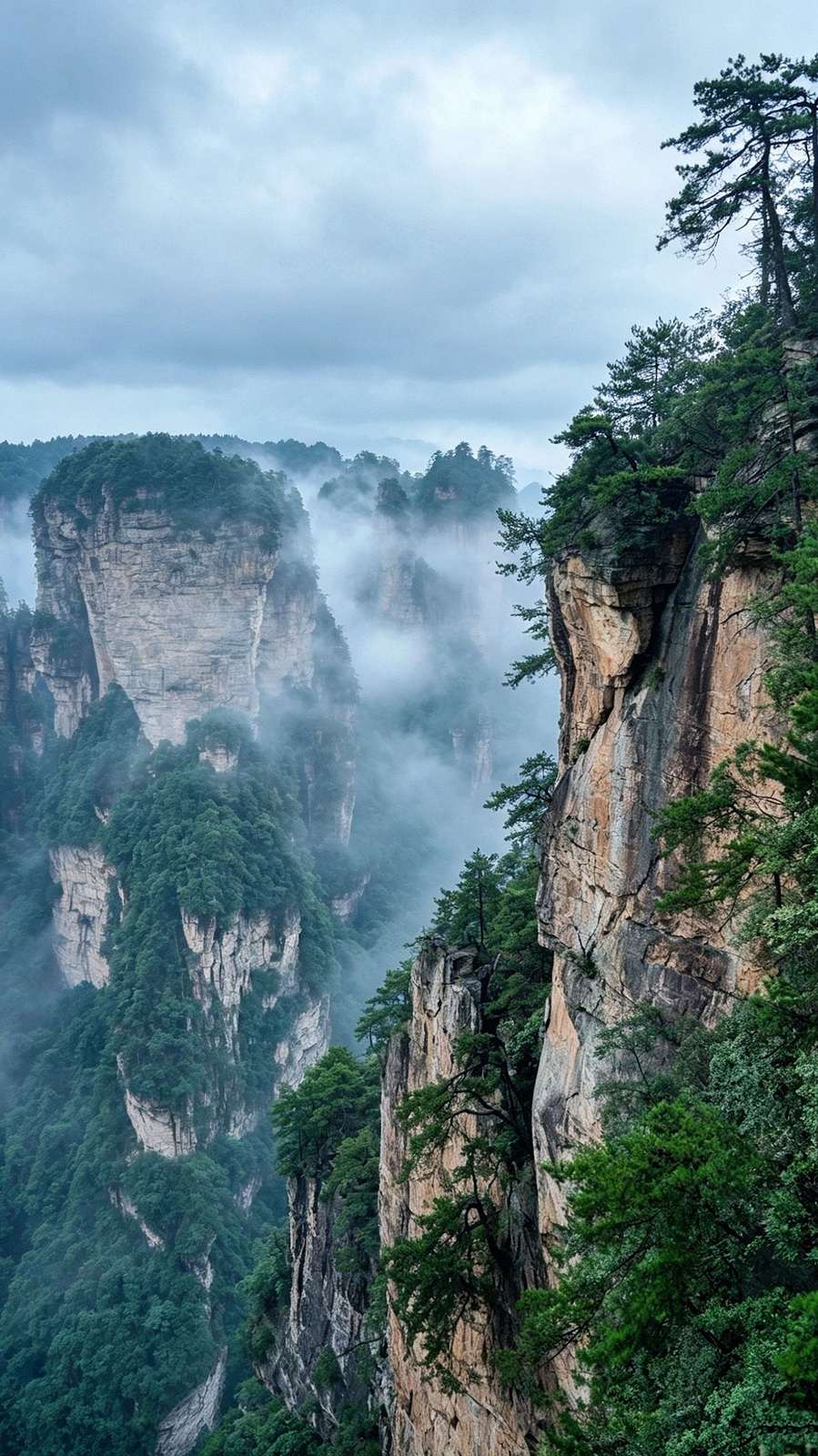 Misty sandstone pillars of Wulingyuan seen from above, Zhangjiajie National Forest Park