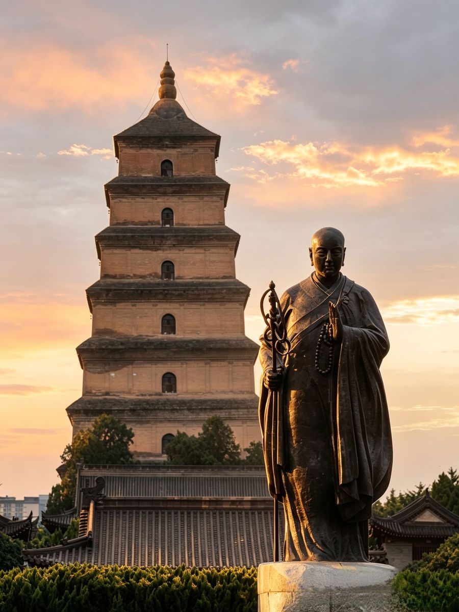 The Big Wild Goose Pagoda at sunset, with the bronze statue of the monk Xuanzang in front, Xi'an